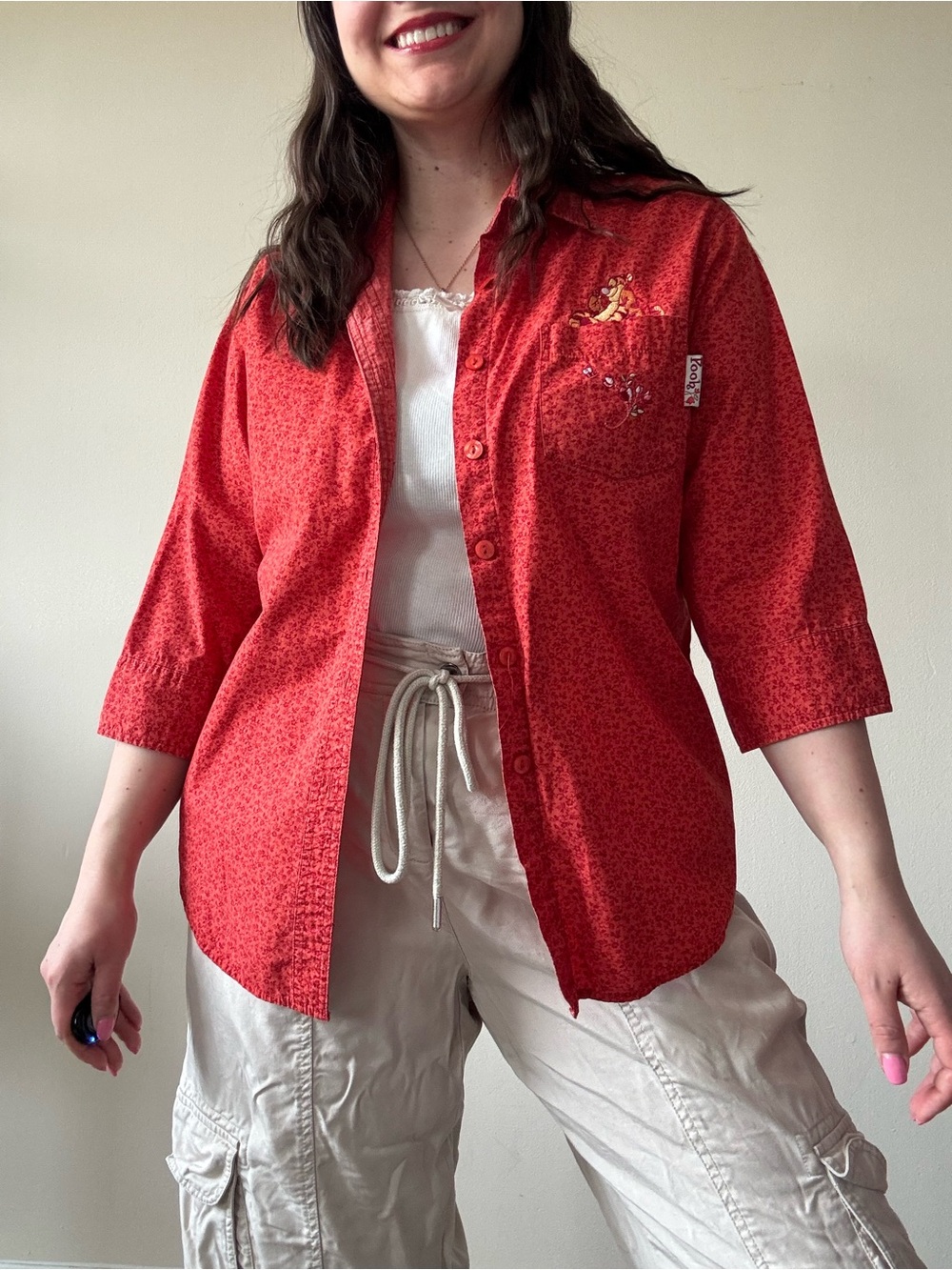 Women's Red Button-Down Shirt - Casual Floral Print